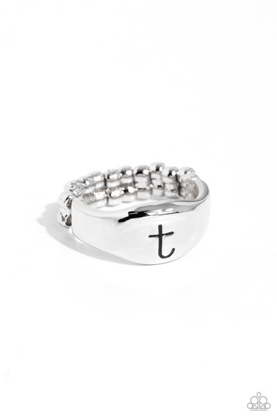 Monogram Memento - Silver - T Initial Ring Paparazzi