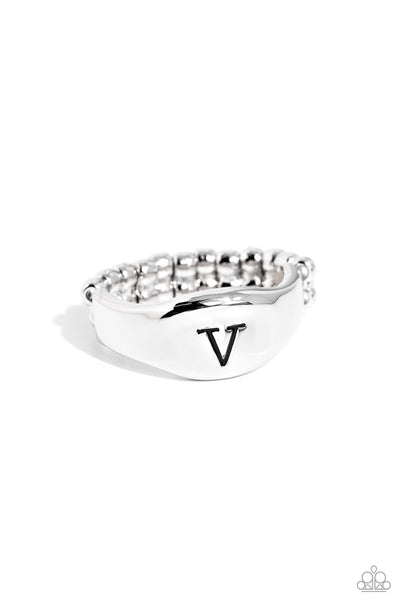 Monogram Memento - Silver - V Initial Ring Paparazzi