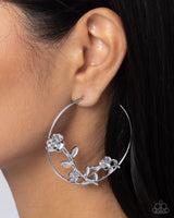 Blooming Benefit - Silver Rose Hoop Earrings Paparazzi