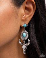 Western Week - Blue Turquoise & Silver Steer Earrings Paparazzi