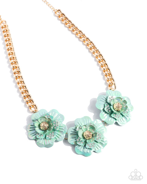 Gala Genre - Green & Gold Floral Necklace Paparazzi