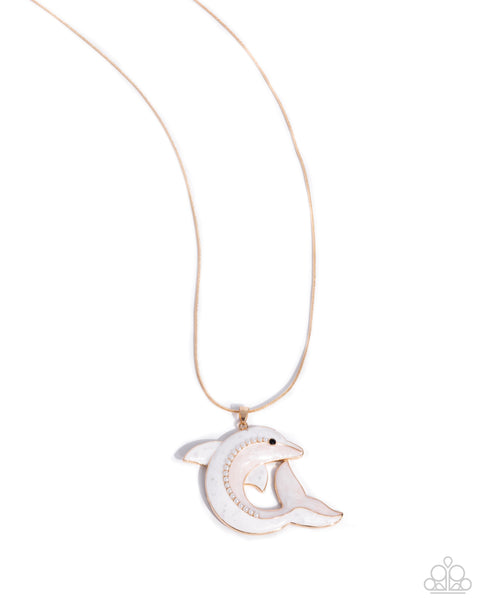 Dolphin Dive - Gold & White Necklace Paparazzi