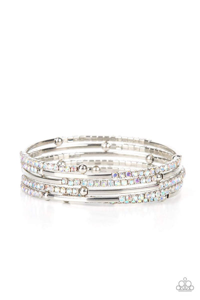 CAMERA SHY SIMMER - MULTI - IRIDESCENT RHINESTONE SILVER COIL BRACELET - LIFE OF THE PARTY NOVEMBER 2021 EXCLUSIVE - PAPARAZZI