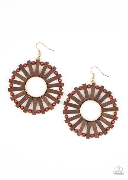 Solar Flare - Brown Wooden Earrings Paparazzi