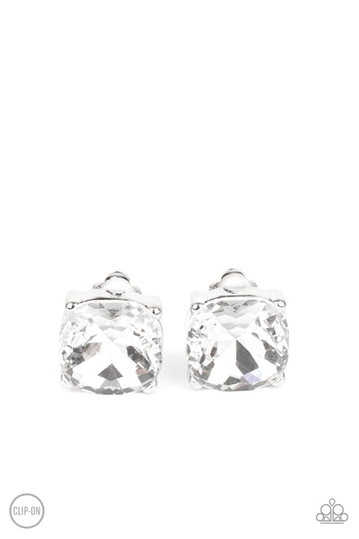 Bombshell Brilliance - White Clip-On Earrings Paparazzi